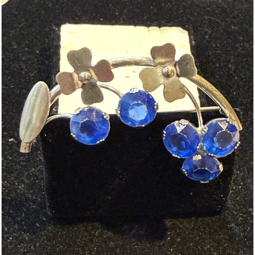 Vintage Sterling Silver Blue Rhinestone Floral Brooch Pin Mid Century Modern